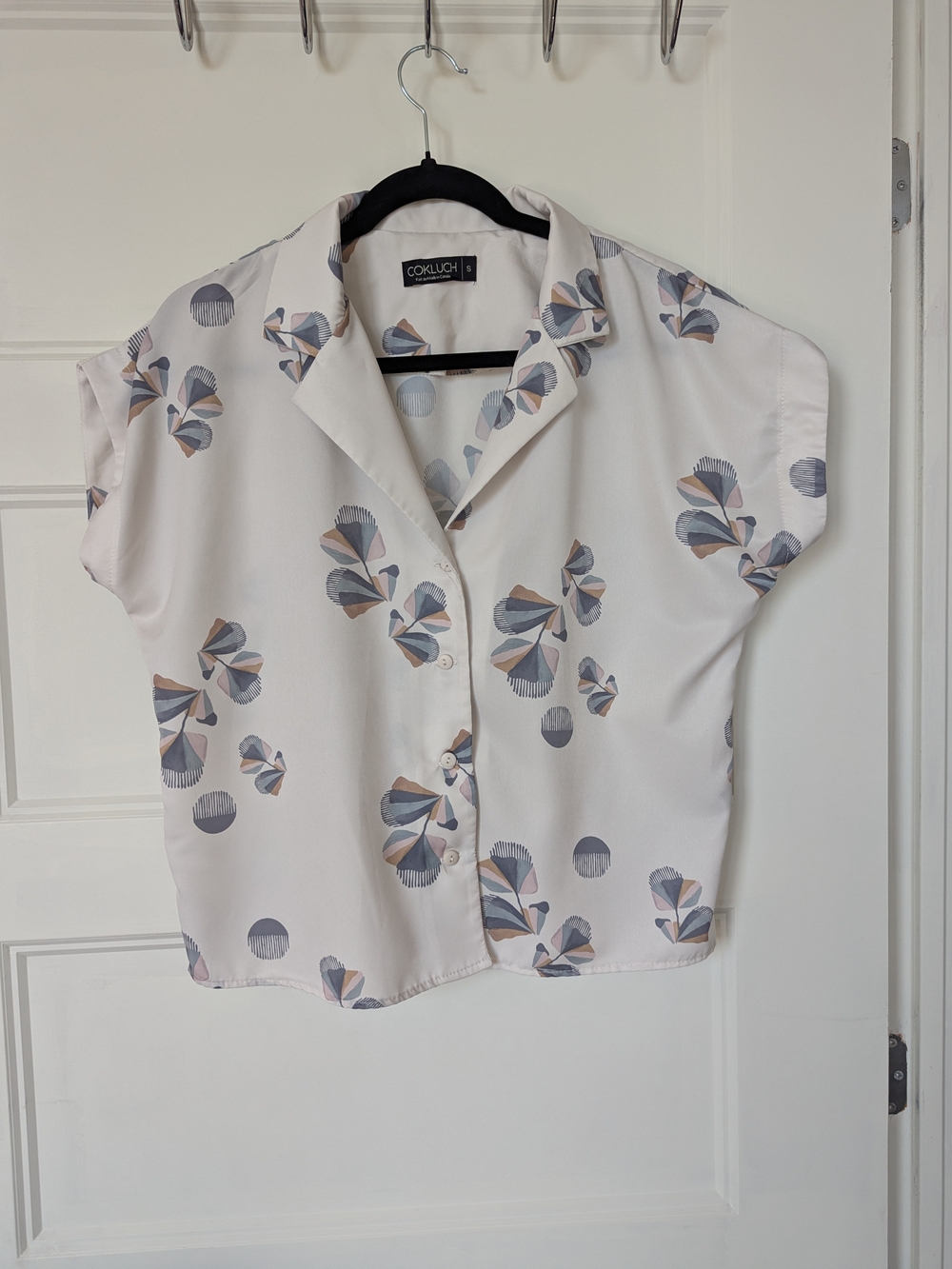 Cream Short-Sleeve Printed Button-Up Top